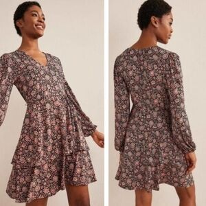 Boden Tiered Floral Jersey Mini Dress Black Cream Pink Size 16 Feminine Romantic